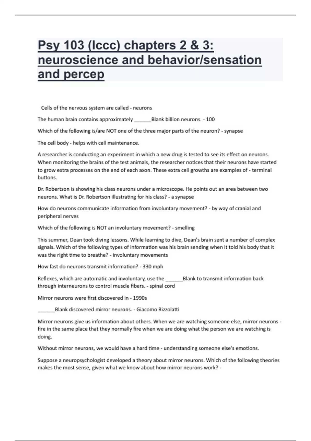 PSY 103 (LCCC) Chapters 2 & 3: Neuroscience and Behavior/Sensation and ...