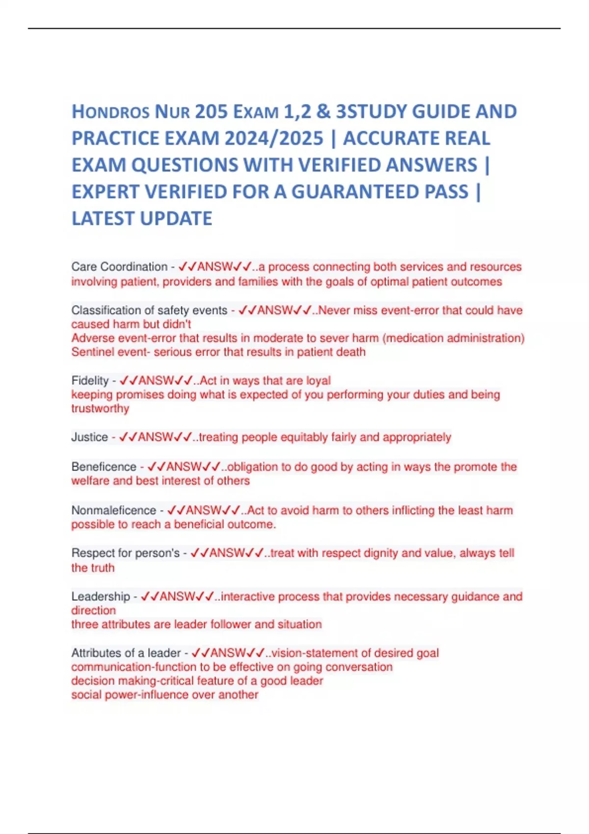 HONDROS NUR 205 EXAM 1,2 & 3STUDY GUIDE AND PRACTICE EXAM 2024/2025 ...