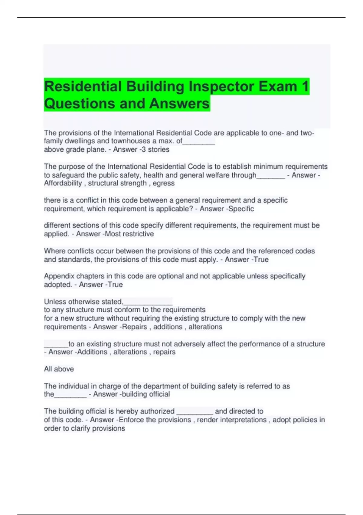 Residential Building Inspector Exam 1 Questions and Answers - Property ...