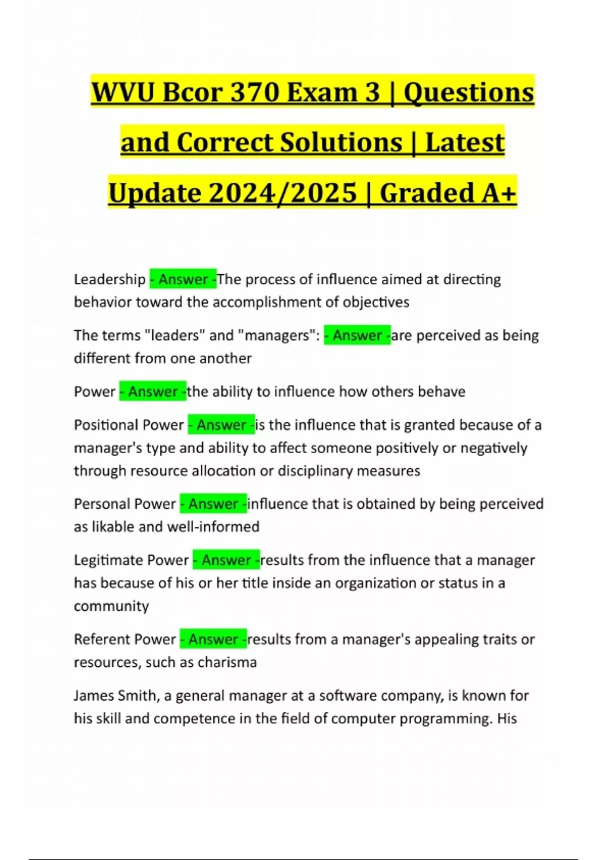 WVU Bcor 370 Exam 3 | Questions and Correct Solutions | Latest Update ...
