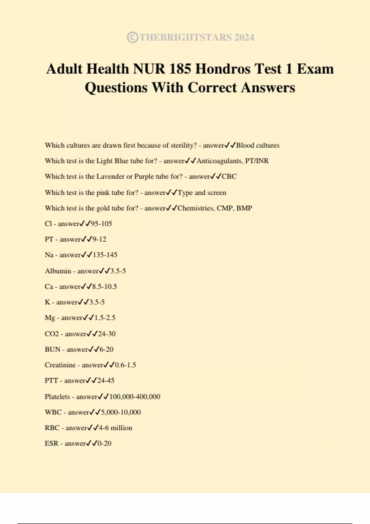 Adult Health NUR 185 Hondros Test 1 Exam Questions With Correct Answers ...