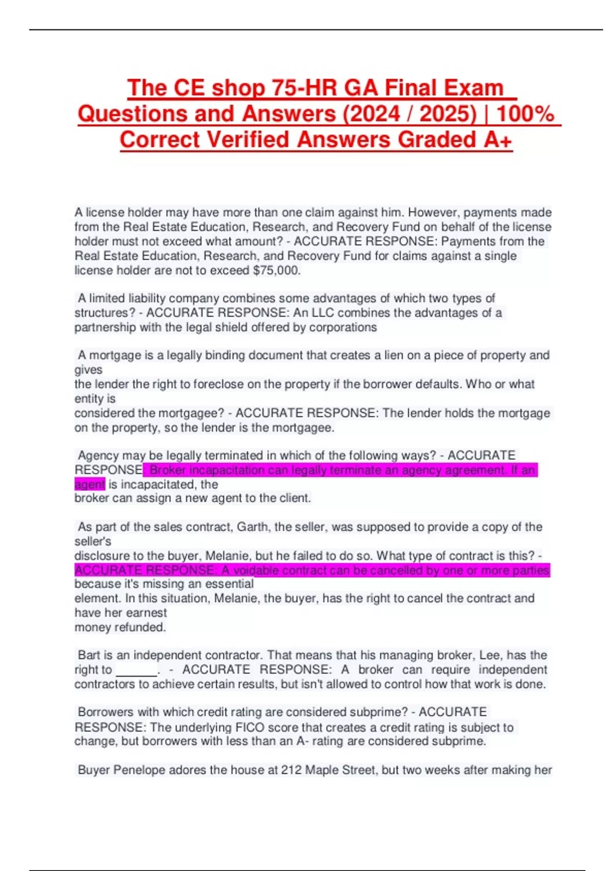 The CE shop 75-HR GA Final Exam Questions and Answers (2024 / 2025) | 100% Correct Verified ...