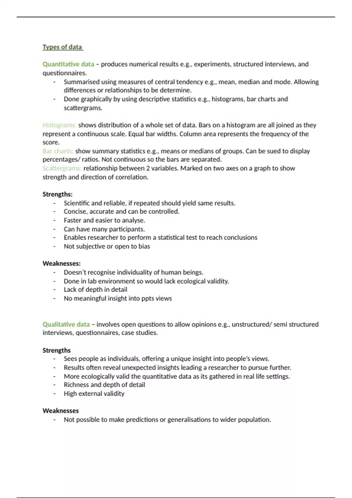 Summary types of data - research methods - Research methods - Stuvia UK