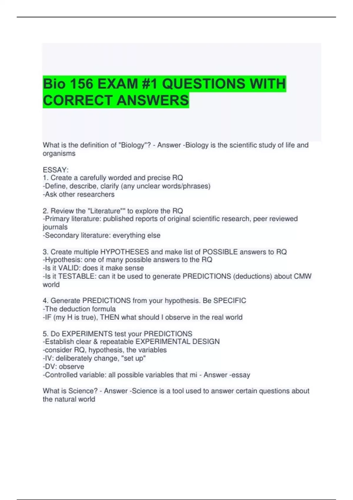 Bio 156 EXAM -1 QUESTIONS WITH CORRECT ANSWERS - Biology 156 - Stuvia US