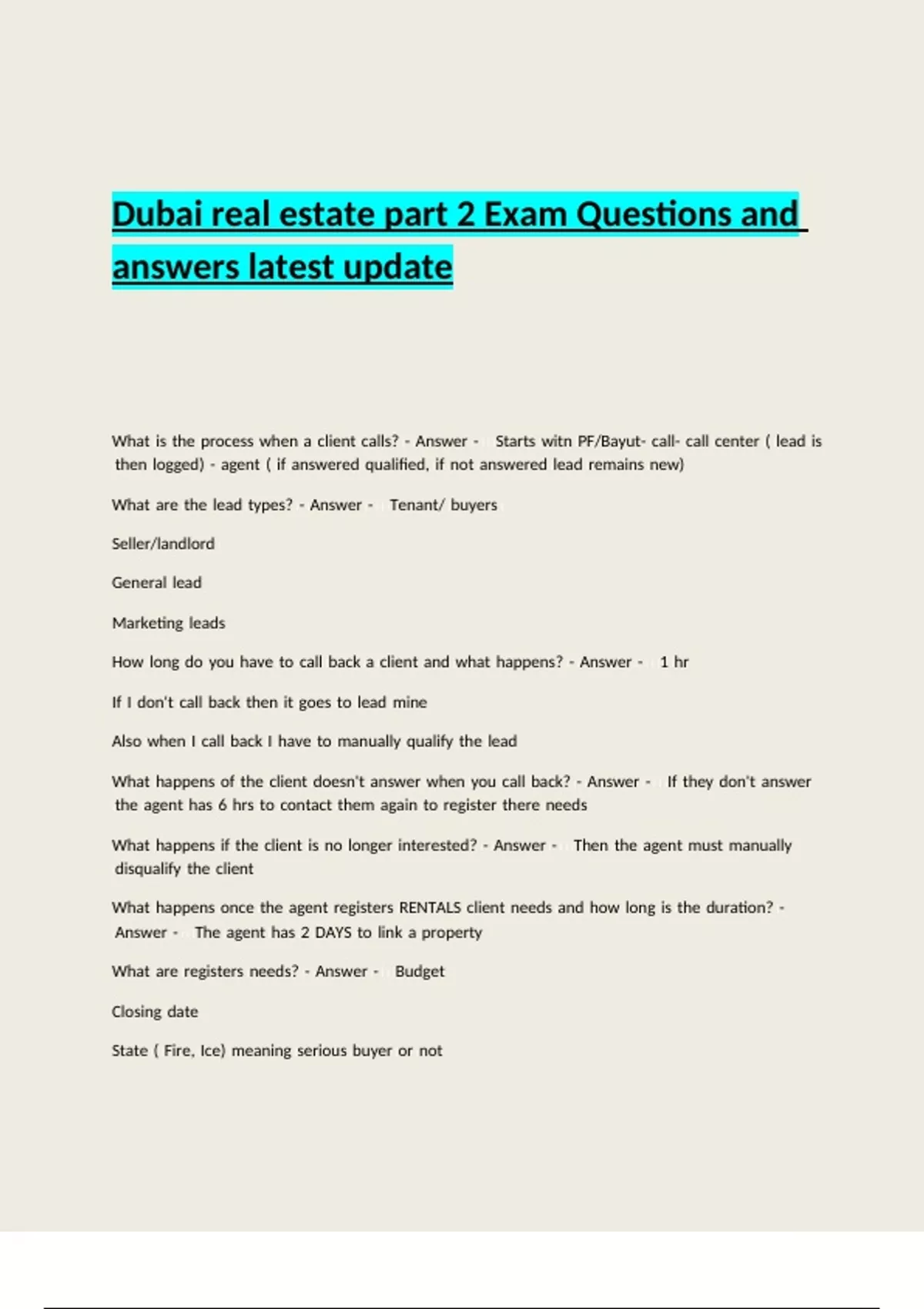 Questions Dubai Dubai real estate part 2 Exam Questions and answers latest update ...