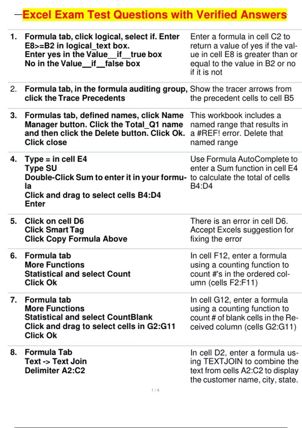 Excel Exam Test Questions with Verified Answers - Excel - Stuvia US