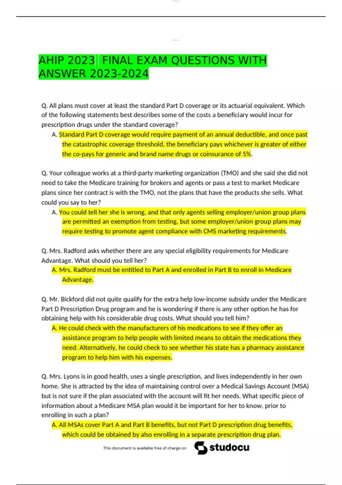 AHIP 2023 FINAL EXAM QUESTIONS WITH ANSWER - RN - Registered Nurse - Stuvia US
