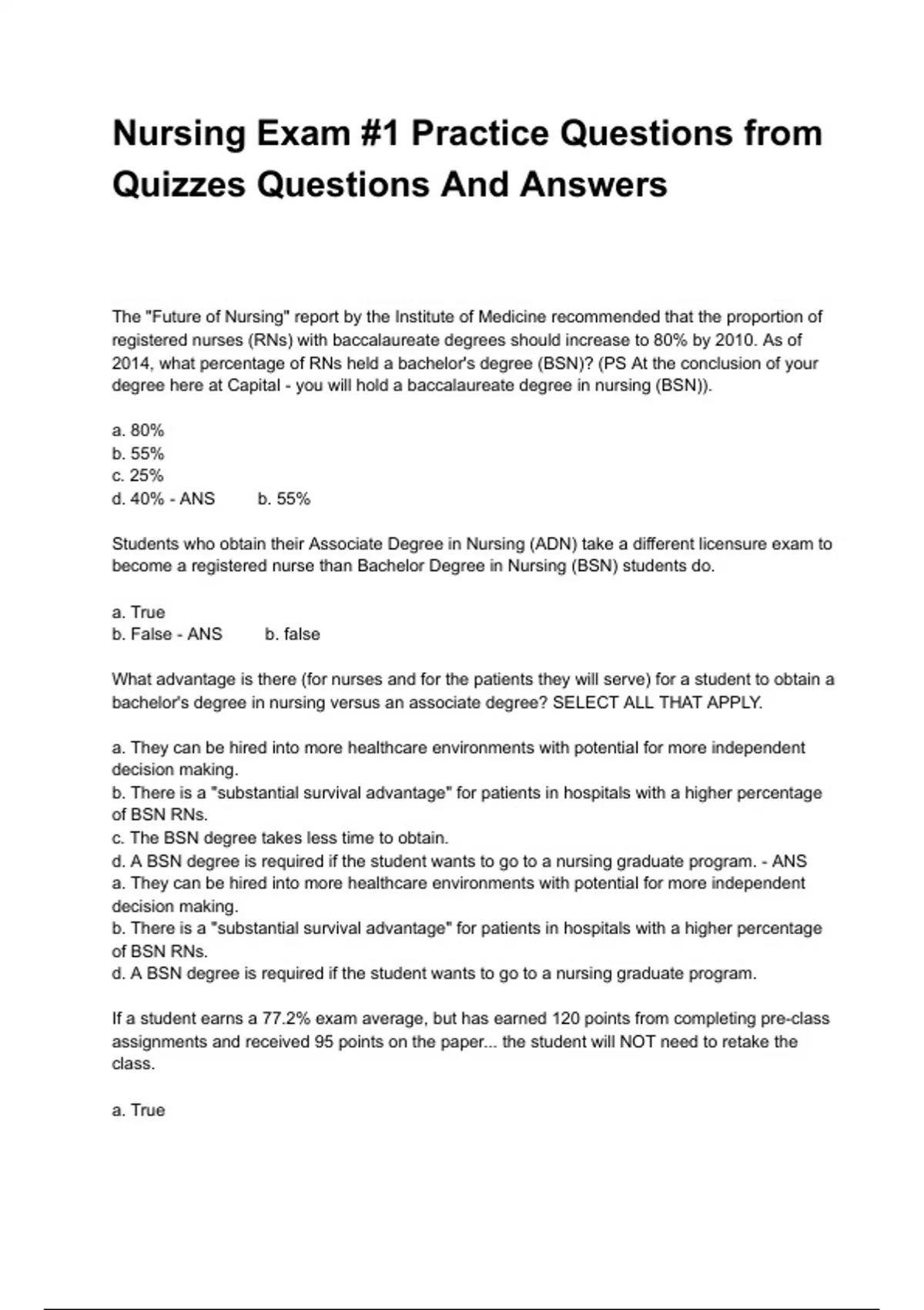 Nursing Exam #1 Practice Questions from Quizzes Questions And Answers ...