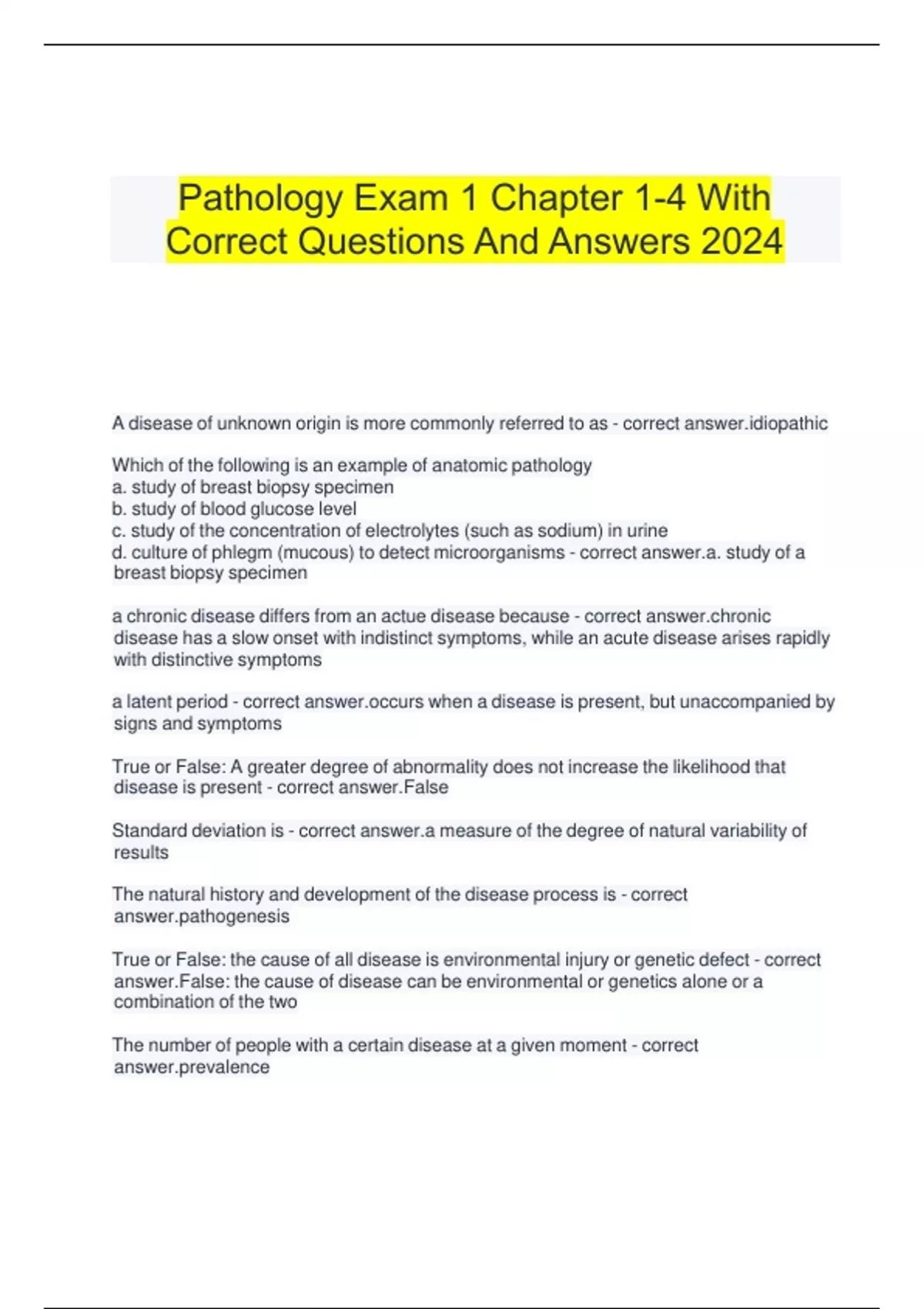 Pathology Exam 1 Chapter 1-4 With Correct Questions And Answers 2024 ...