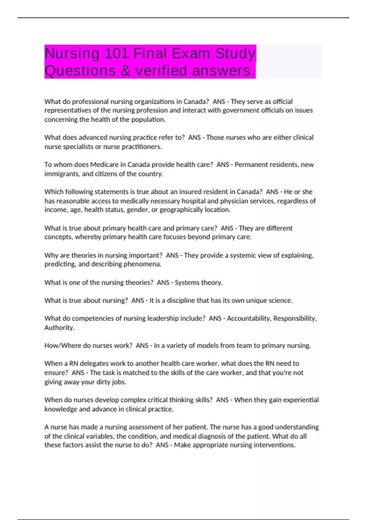 Nursing 101 Final Exam Study Questions & verified answers. - Advance ...