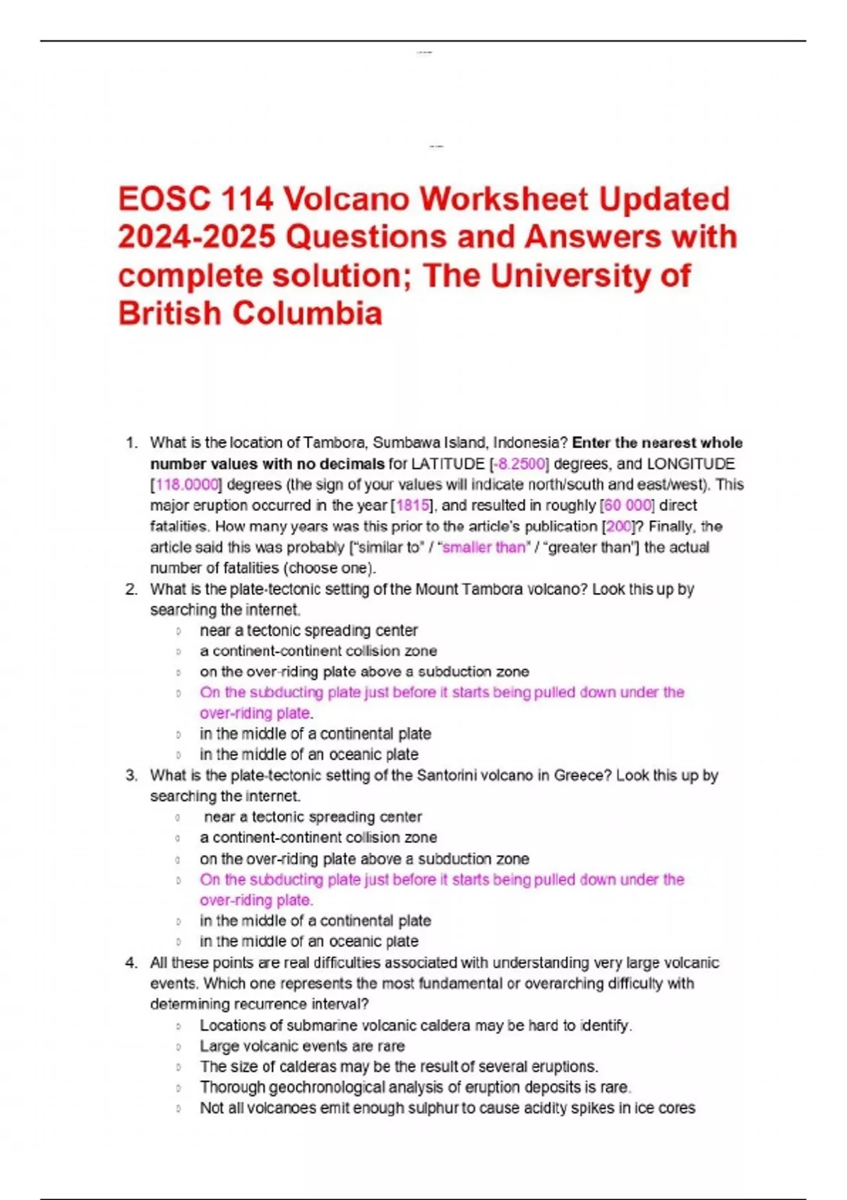 EOSC 114 Volcano Worksheet Updated Questions and Answers with complete ...