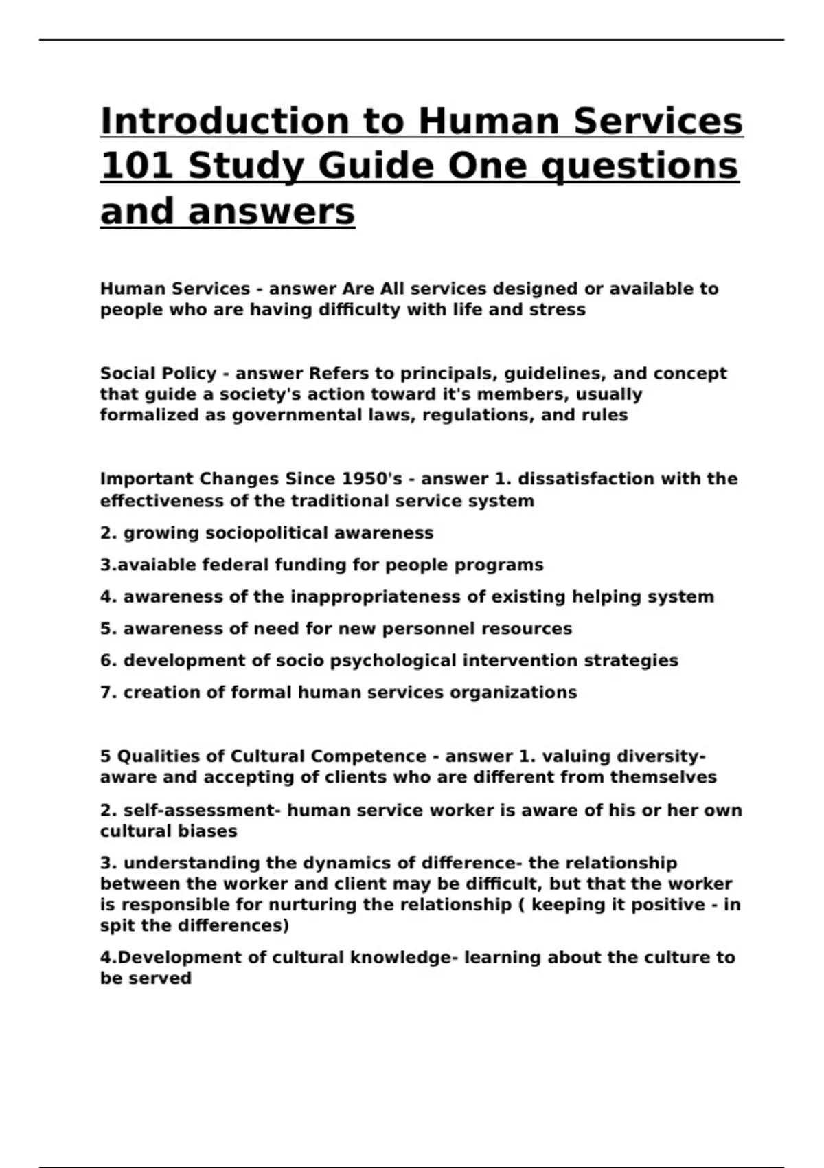 Introduction to Human Services 101 Study Guide One questions and ...