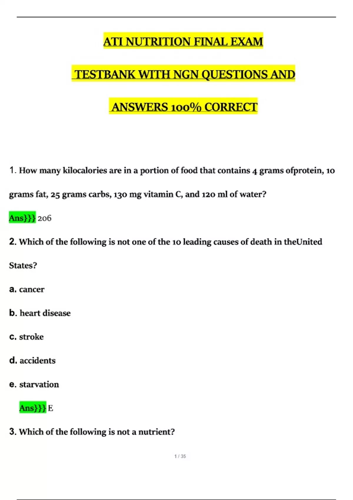 ATI NUTRITION FINAL EXAM TESTBANK QUESTIONS AND ANSWERS 100 CORRECT ...