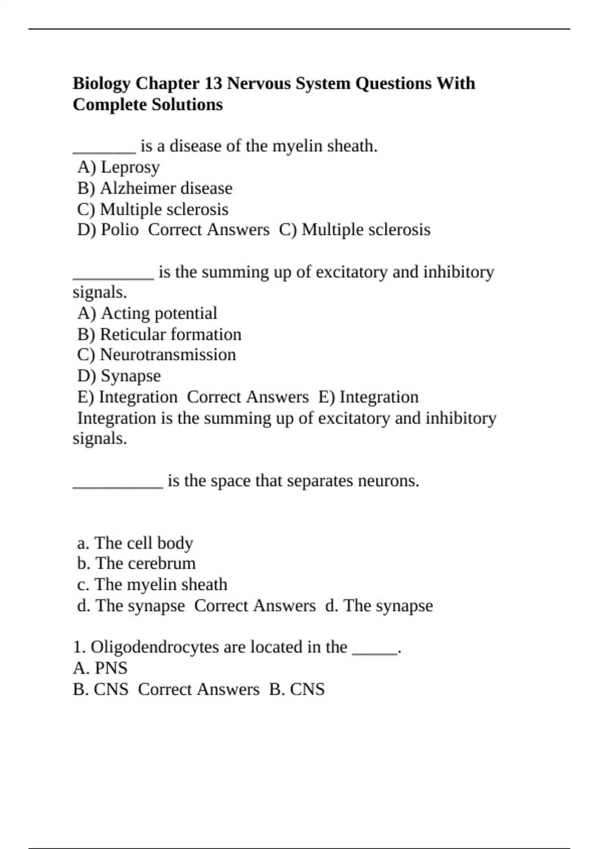 Biology Chapter 13 Nervous System Questions With Complete Solutions ...