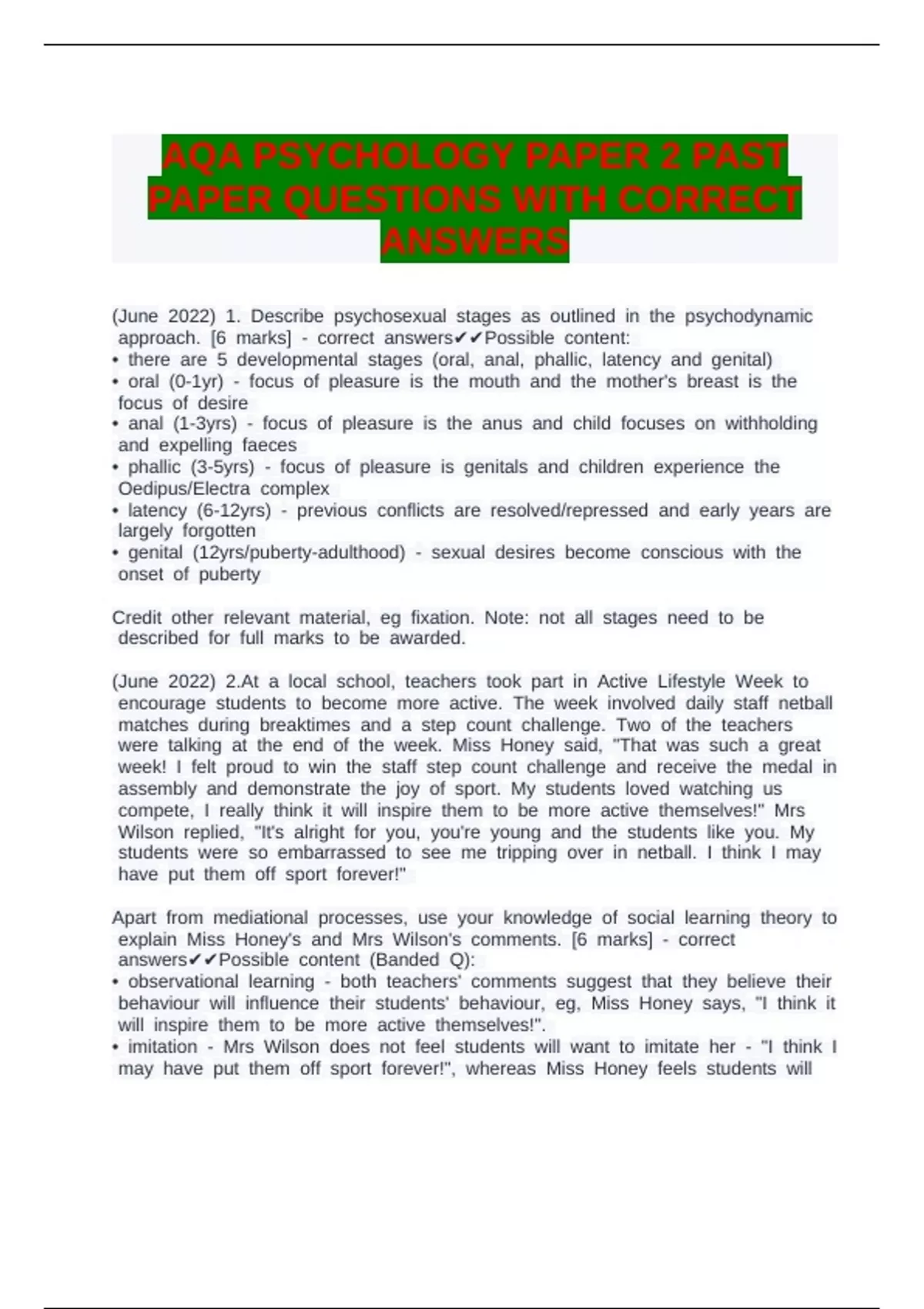 AQA PSYCHOLOGY PAPER 2 PAST PAPER QUESTIONS WITH CORRECT ANSWERS - AQA ...