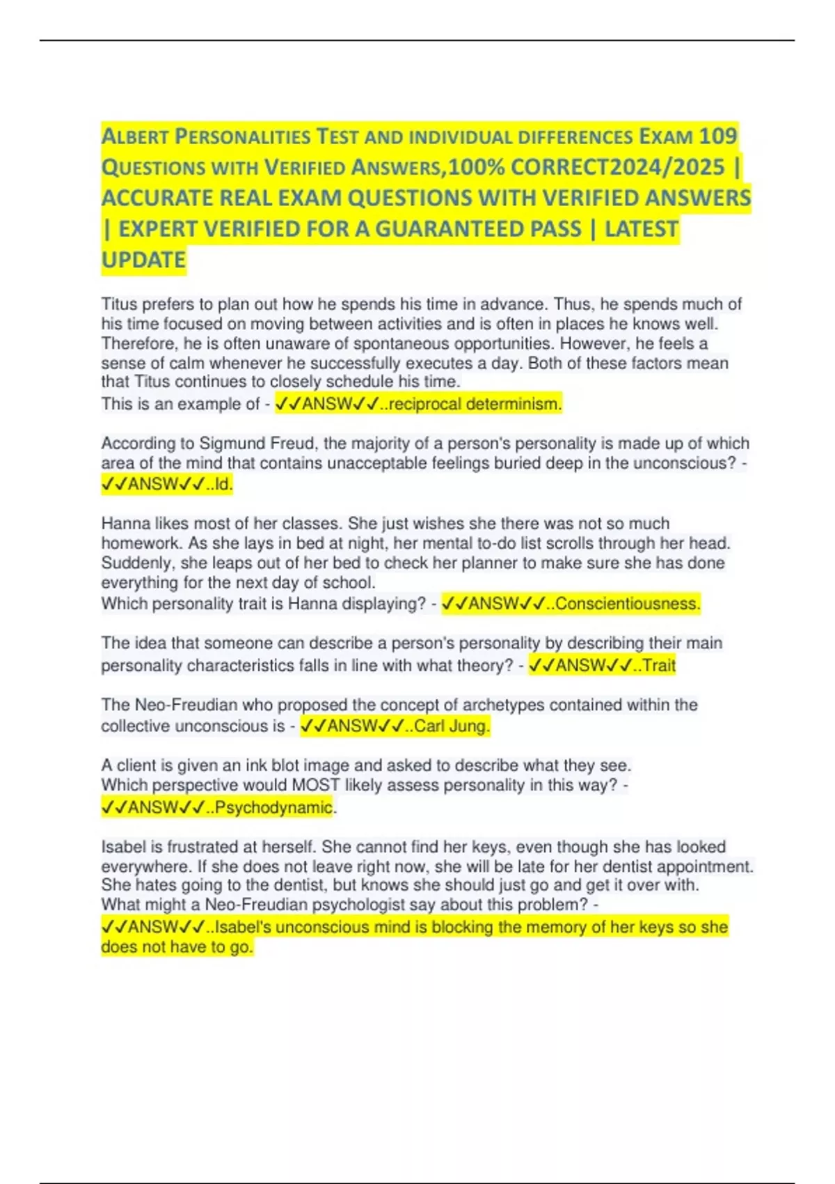 ALBERT PERSONALITIES TEST AND INDIVIDUAL DIFFERENCES EXAM 109 QUESTIONS ...