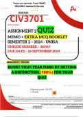 CIV3701 ASSIGNMENT 2 QUIZ MEMO - SEMESTER 2 - 2024 - UNISA - DUE &colon; 26 SEPTEMBER 2024 - UNIQUE NUMBER&colon;- 381917  &lpar;DISTINCTION GUARANTEED&rpar;