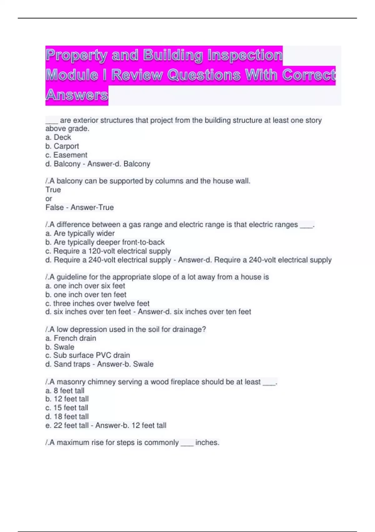 Property and Building Inspection Module I Review Questions With Correct ...