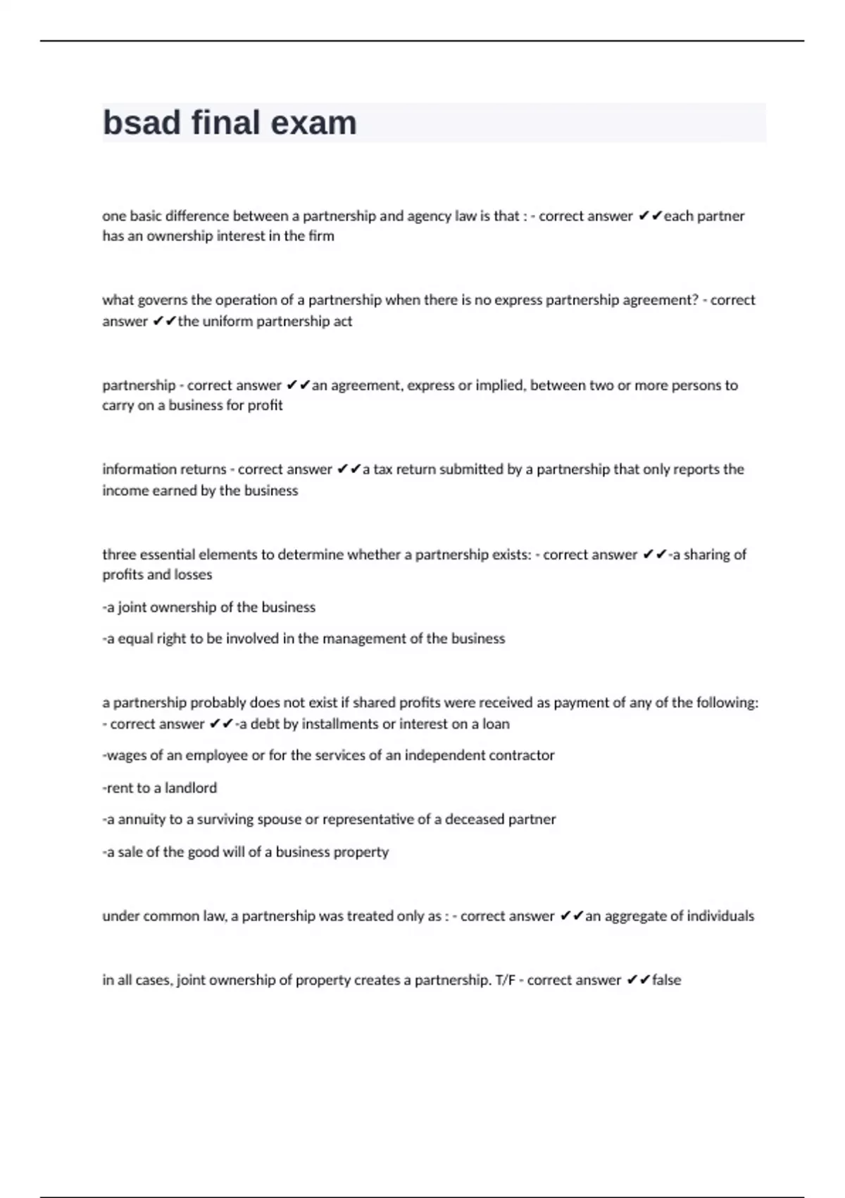 bsad final exam questions with complete solutions with latest update ...
