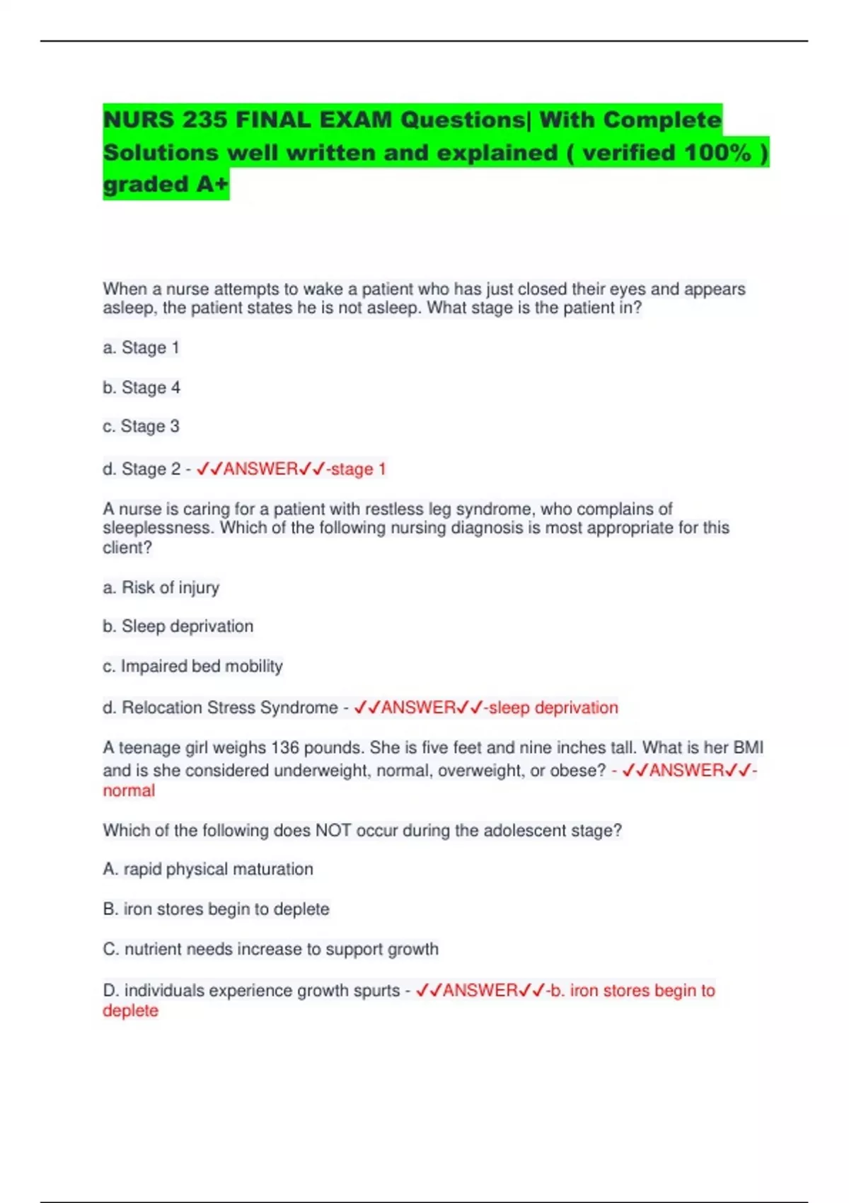 235 Number Questions NURS 235 FINAL EXAM Questions| With Complete Solutions well written and ...