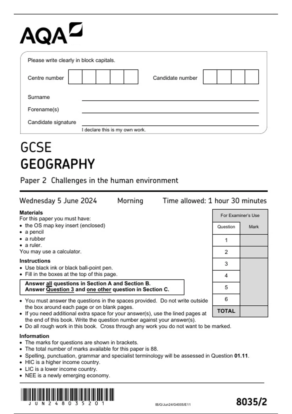 GCSE AQA June 2024 Geography Paper 2 - Geography - Stuvia UK