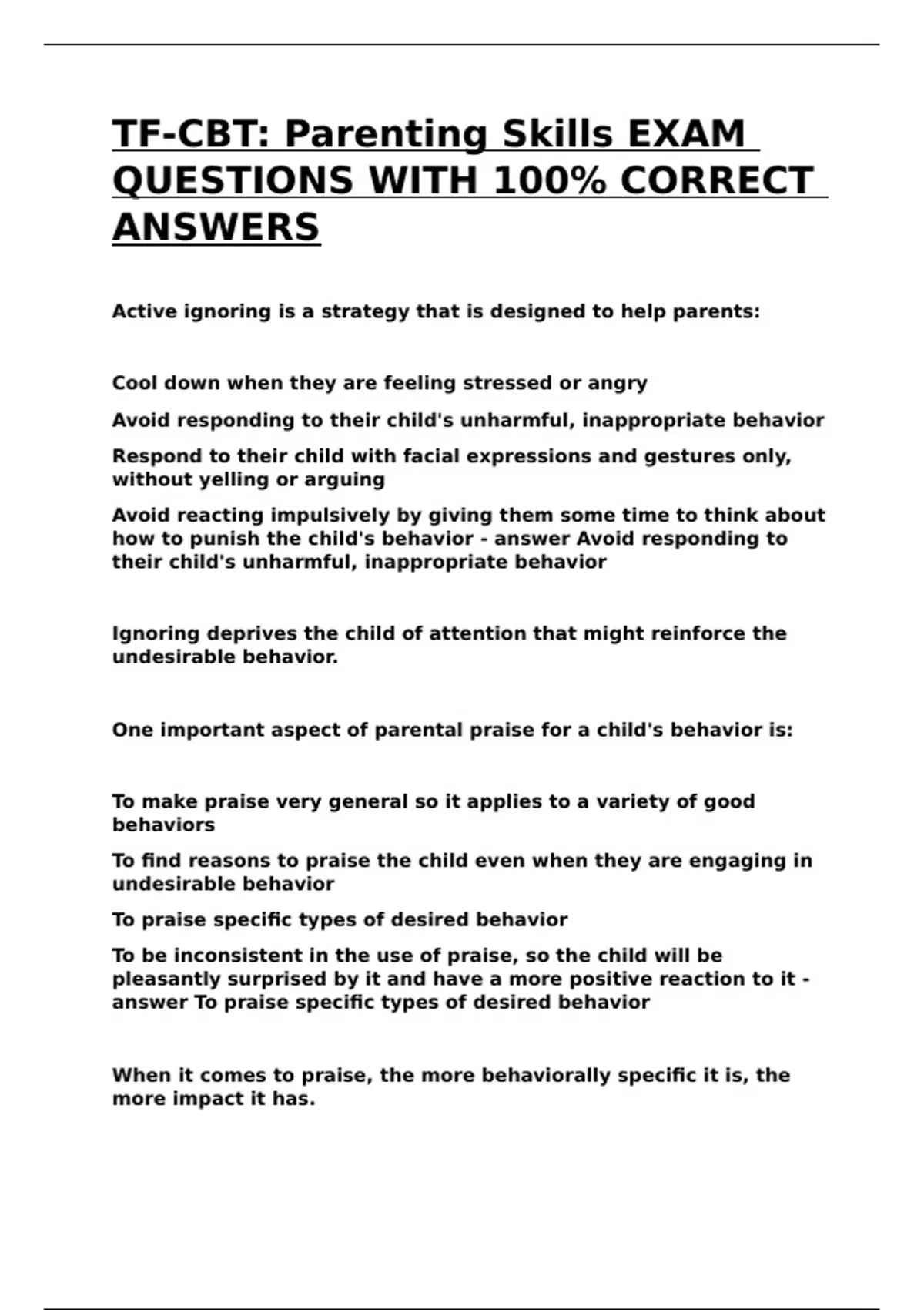 TF-CBT: Parenting Skills EXAM QUESTIONS WITH 100% CORRECT ANSWERS - TF ...