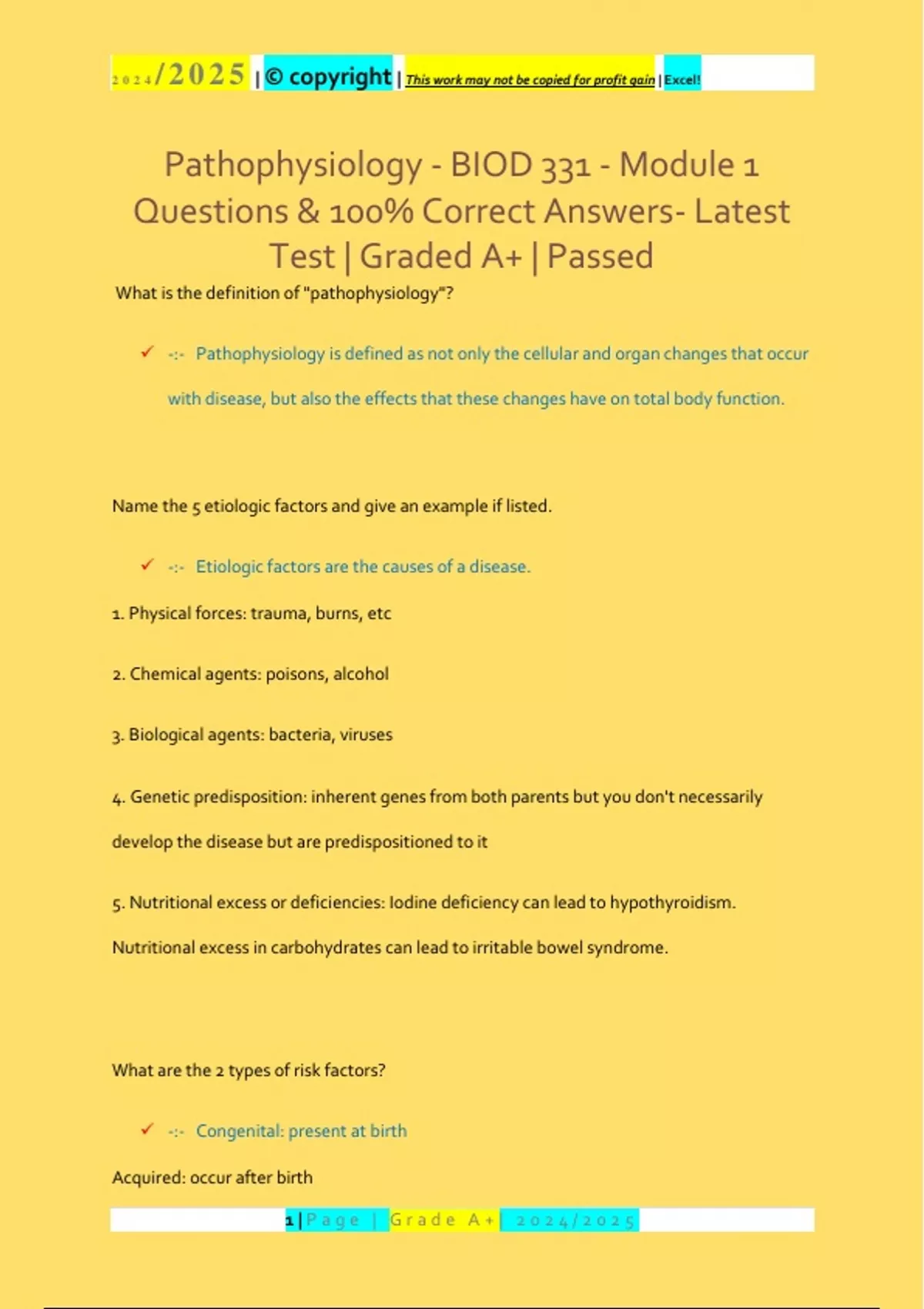 Pathophysiology - BIOD 331 - Module 1 Questions & 100% Correct Answers ...