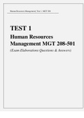 TEST 1 Human Resources Management MGT 208-501 (Exam Elaborations Questions & Answers)