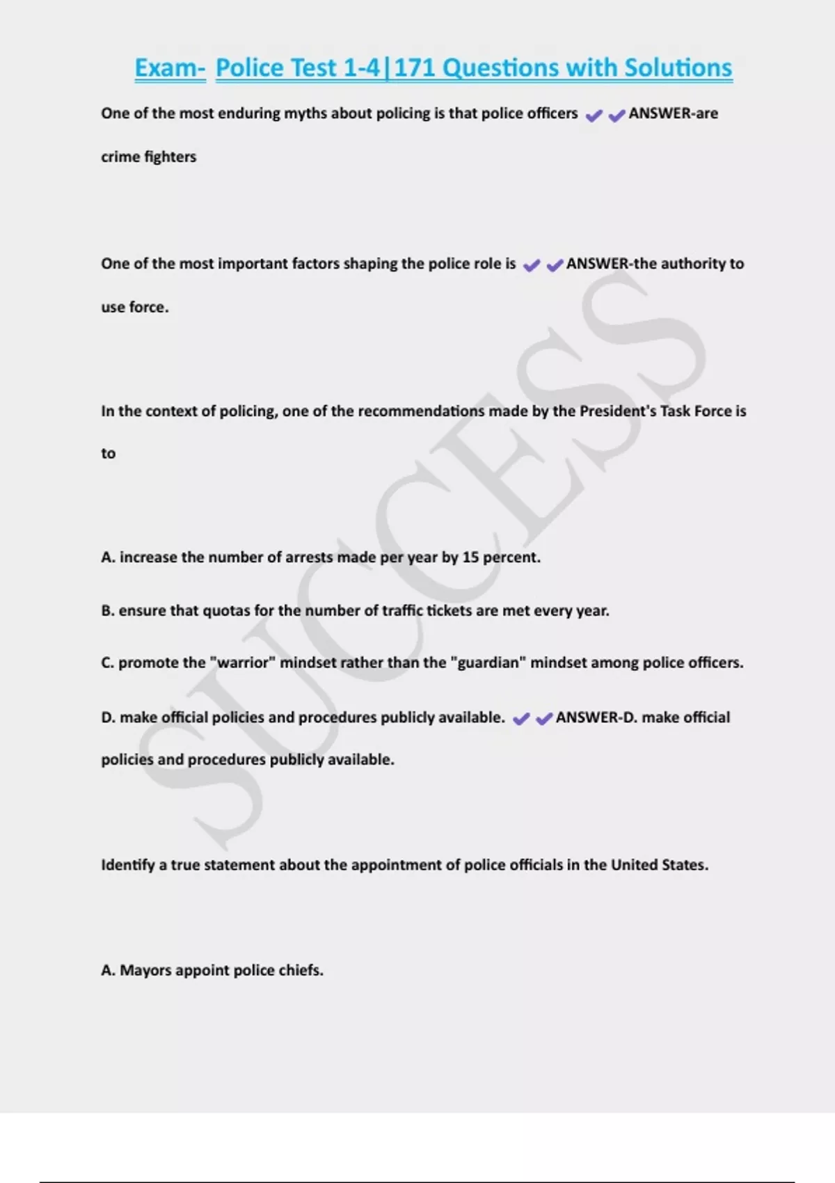Police Memory Test Practice Exam- Police Test 1-4|171 Questions with Solutions - Police - Stuvia US