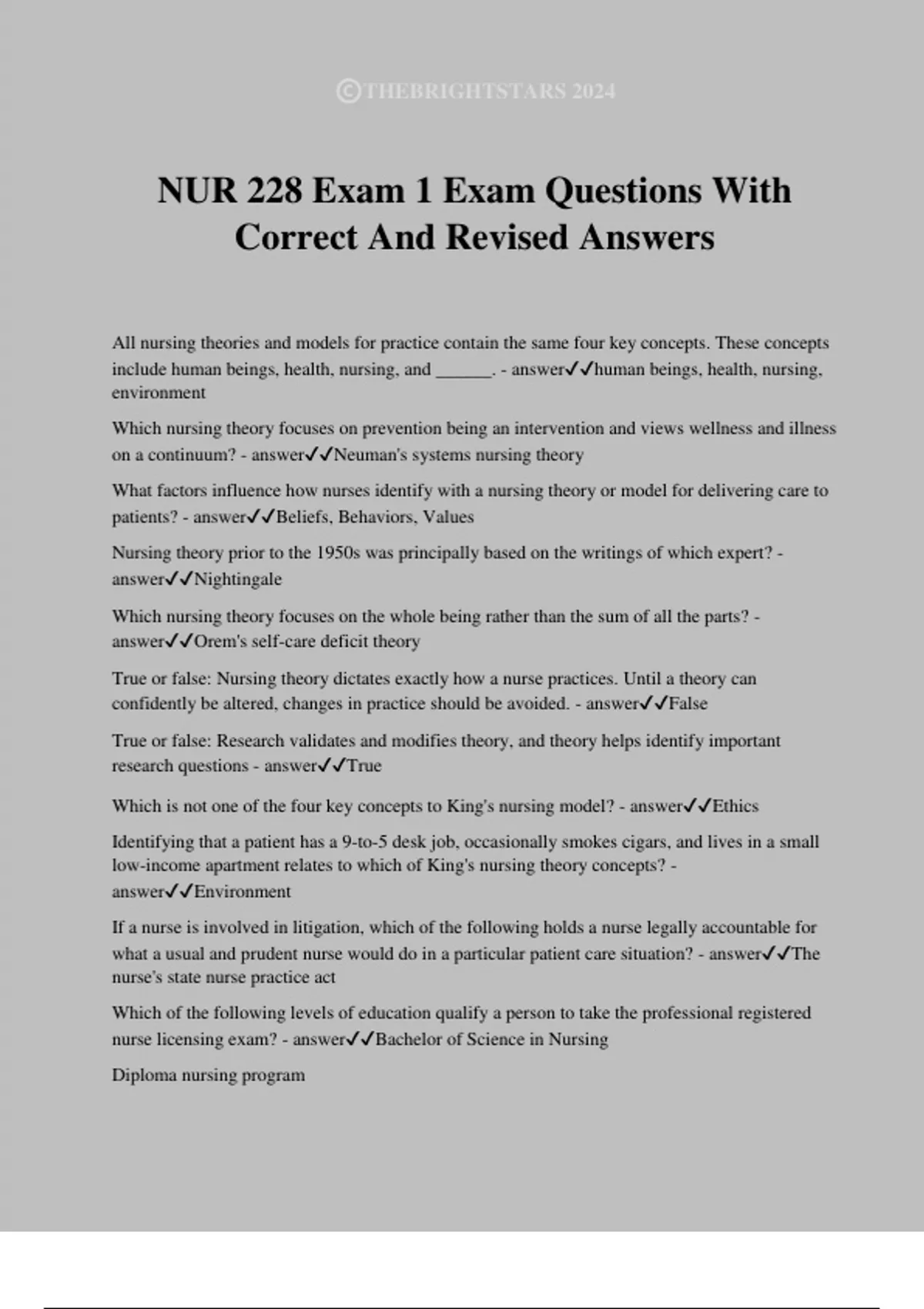 NUR 228 Exam 1 Exam Questions With Correct And Revised Answers - NUR ...