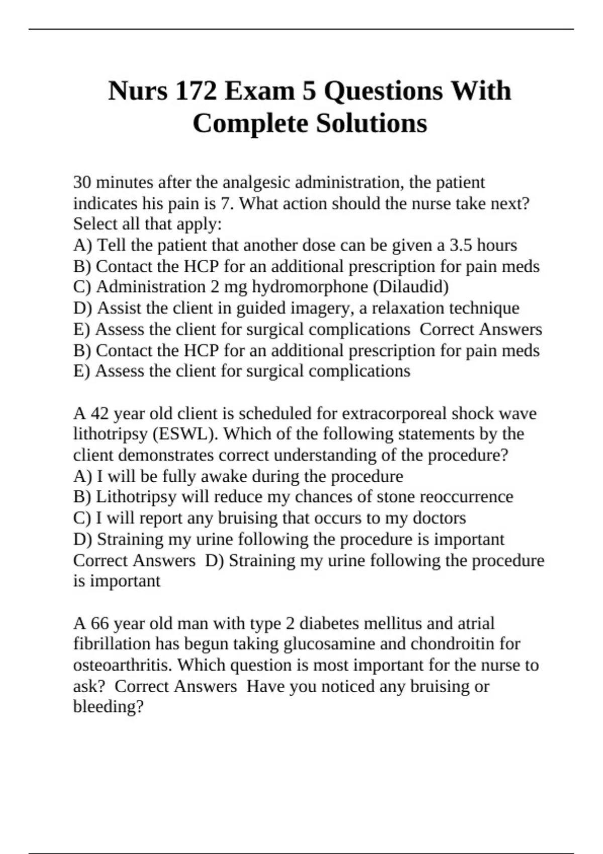 Nurs 172 Exam 5 Questions With Complete Solutions - Hondros NUR 172 ...