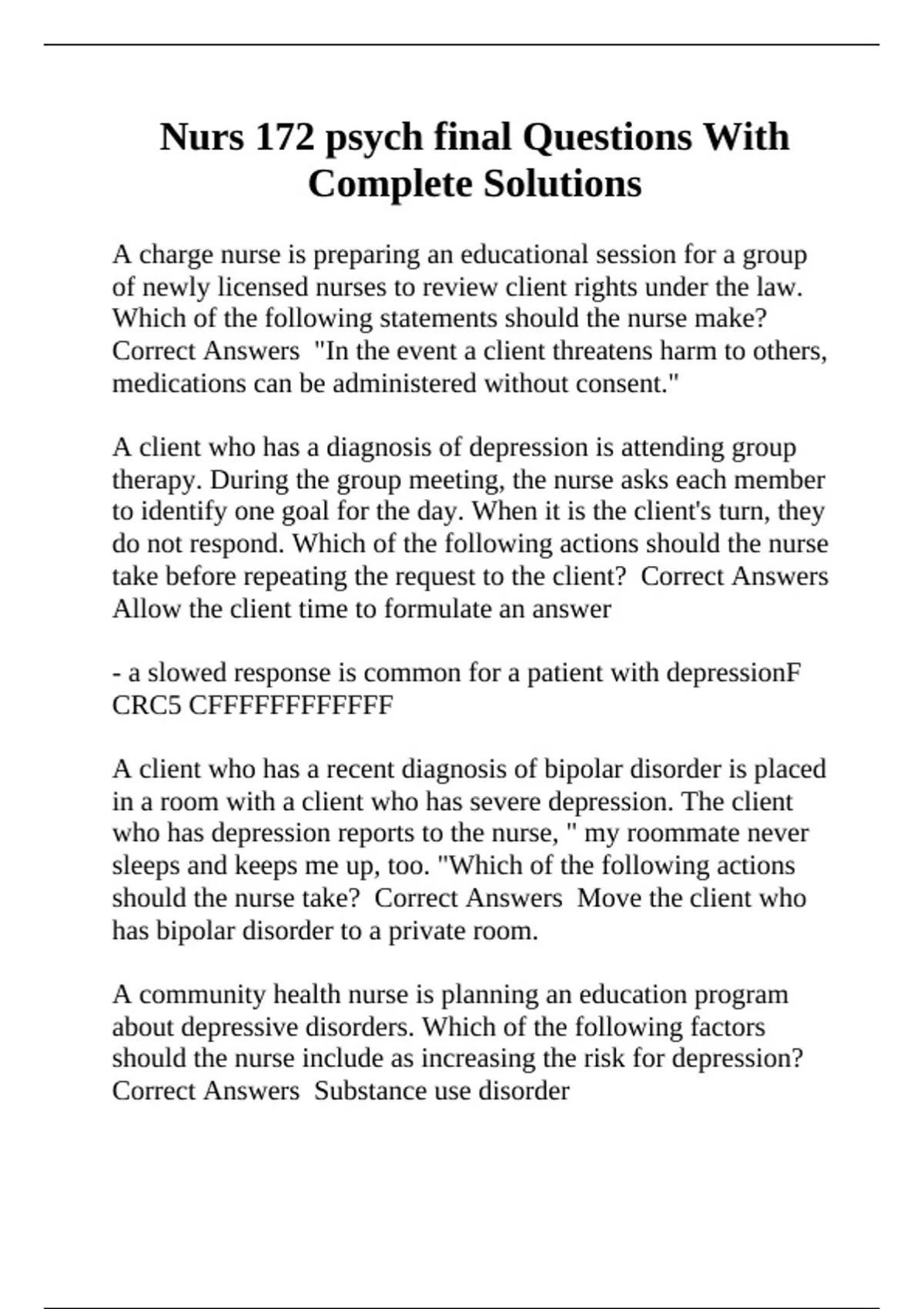 Nurs 172 psych final Questions With Complete Solutions - Hondros NUR ...