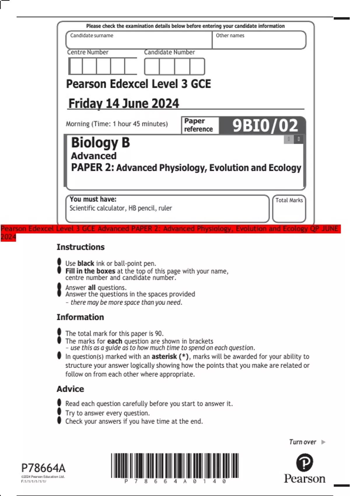 Pearson Edexcel Level 3 GCE Advanced PAPER 2: Advanced Physiology ...