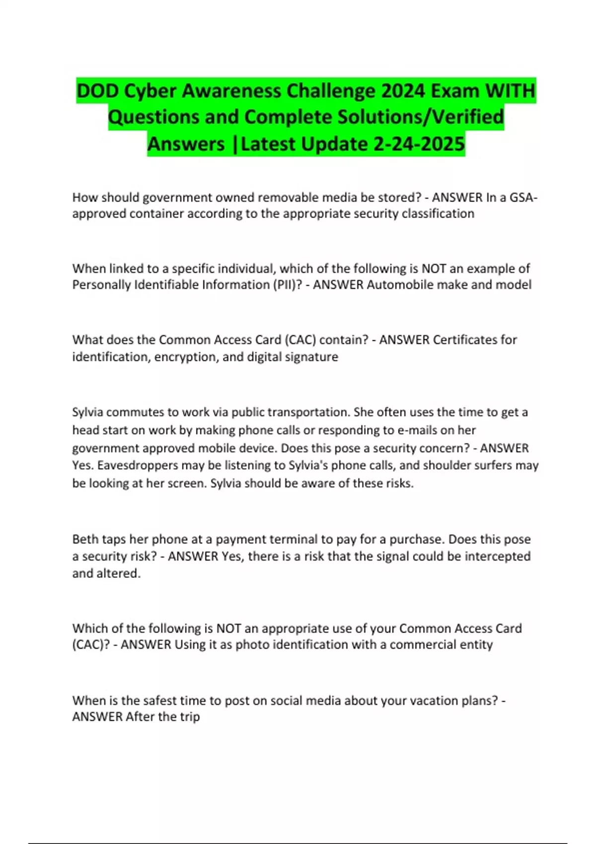 DOD Cyber Awareness Challenge 2024 Exam WITH Questions and Complete ...