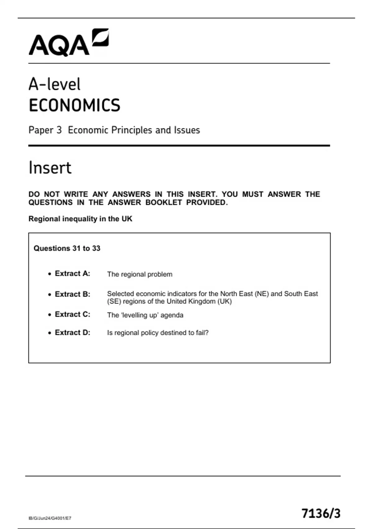 AQA AS ECONOMICS PAPER 3 QUESTION PAPER 2024 (7136/3:Economic ...
