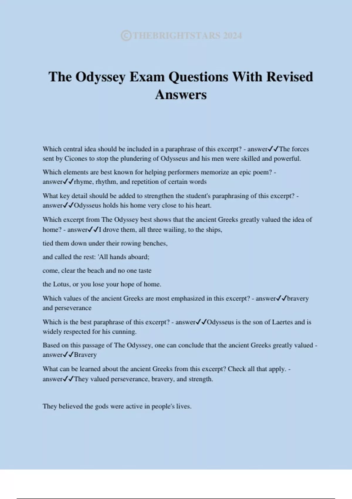 The Odyssey Exam Questions With Revised Answers - The Odyssey - Stuvia US