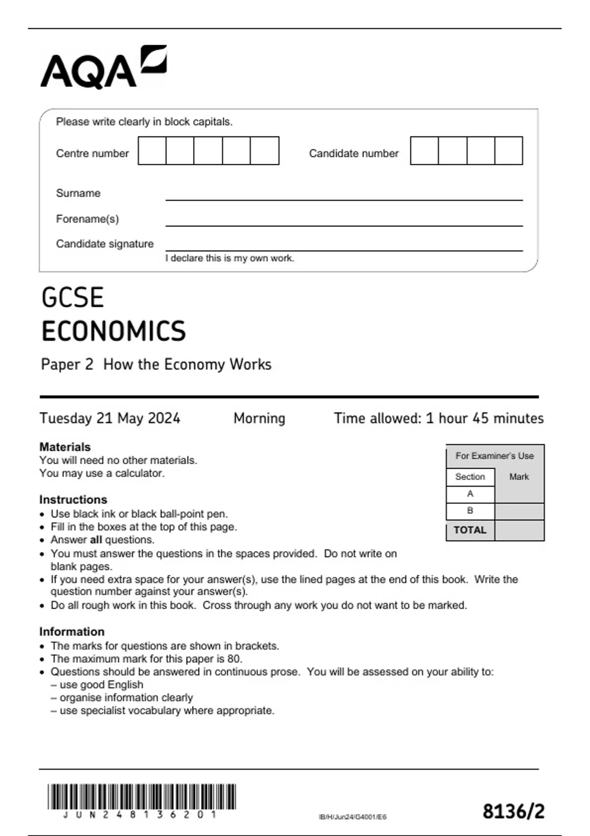 AQA GCSE ECONOMICS PAPER 2 QUESTION PAPER AND MARK SCHEME 2024/2025 ...