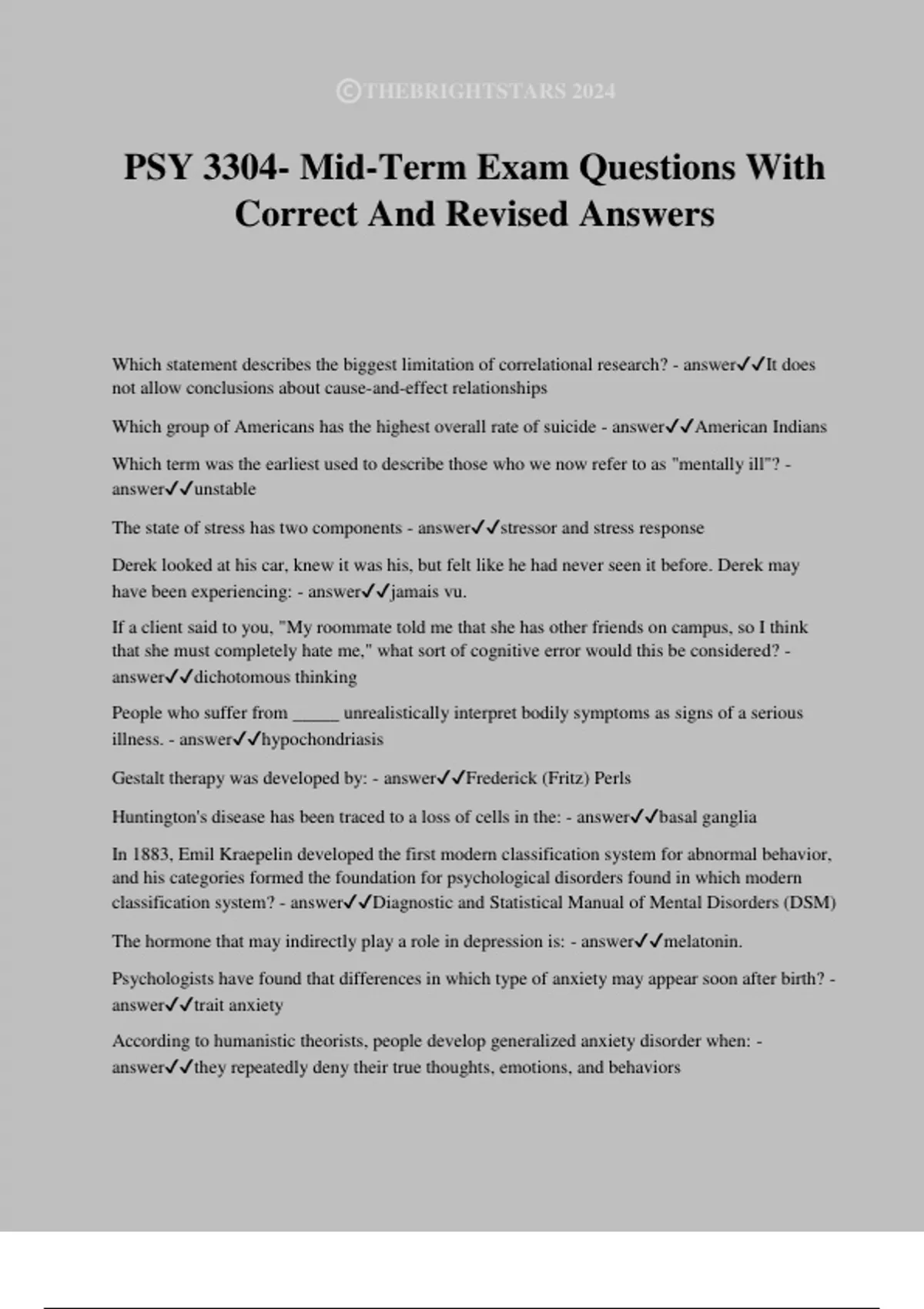 PSY 3304- Mid-Term Exam Questions With Correct And Revised Answers ...