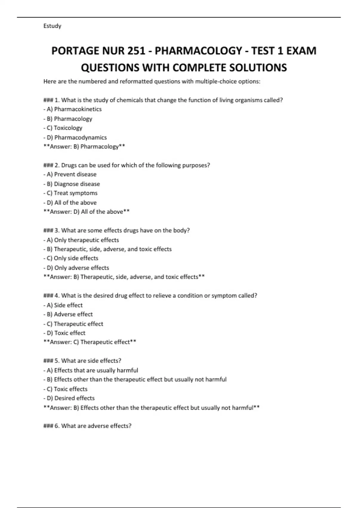 PORTAGE NUR 251 - PHARMACOLOGY - TEST 1 EXAM QUESTIONS WITH COMPLETE ...
