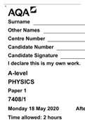 A LEVEL Physics  AQA PAPER 1 WITH MARKSCHEME