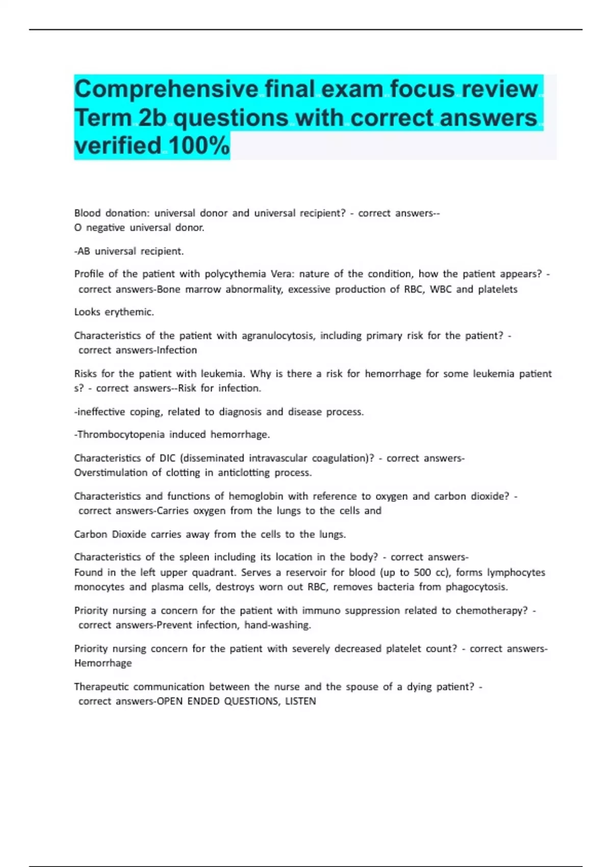 Comprehensive final exam focus review Term 2b questions with correct ...