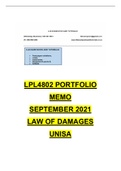 LPL4802 PORTFOLIO MEMO SEPTEMBER 2021 SUPER SEMESTER UNISA LAW OF DAMAGES 