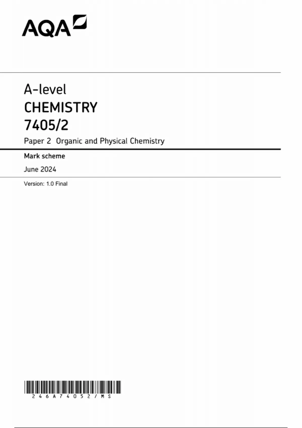AQA A-Level Chemistry Paper 2 :Organic and Physical Chemistry Mark ...