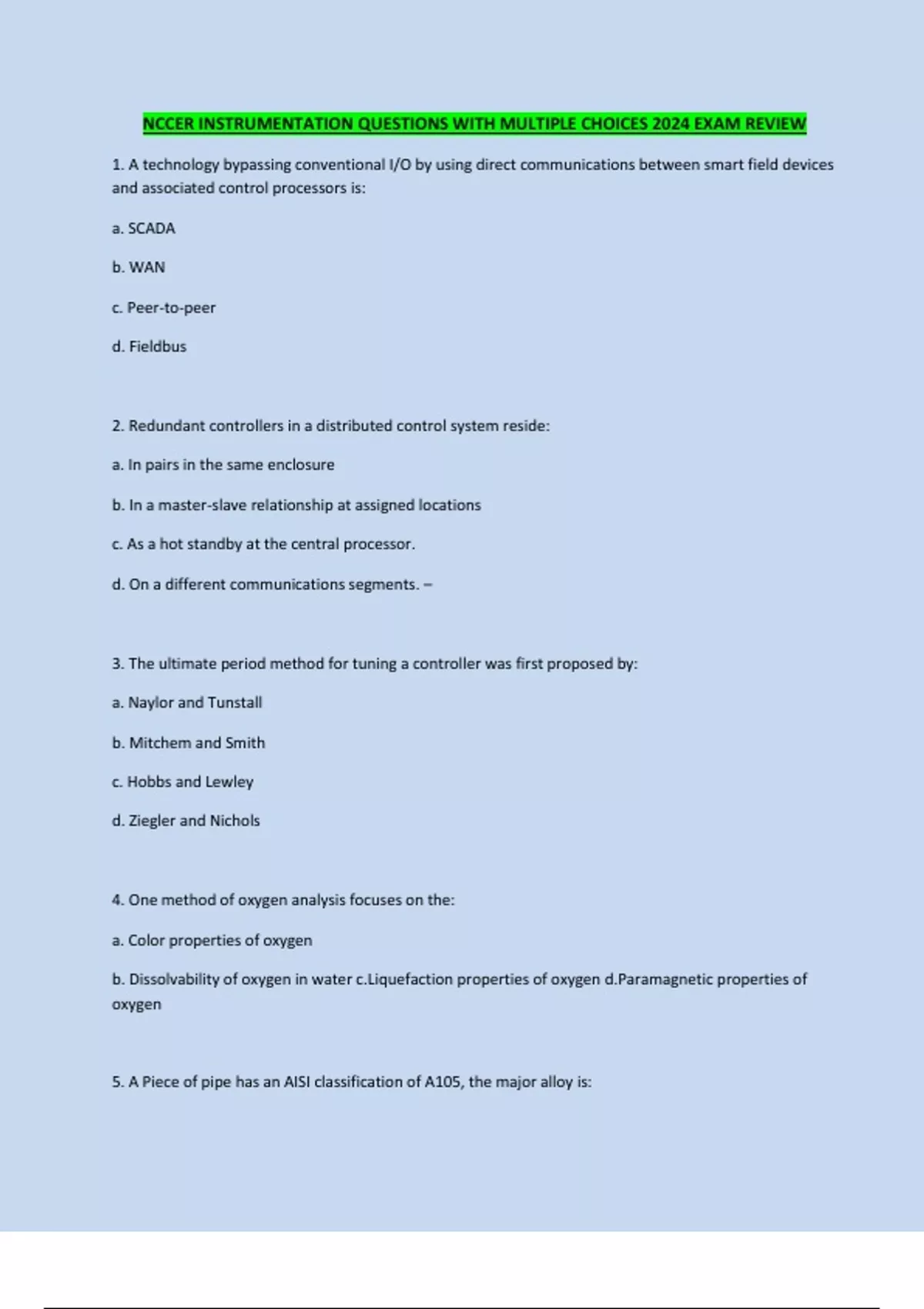 NCCER INSTRUMENTATION QUESTIONS WITH MULTIPLE CHOICES 2024 EXAM REVIEW