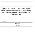 AQA AS MATHEMATICS 7356&sol;2 Paper 2 Mark scheme June 2020 ALL   ANSWERS AID  100&percnt; CORRECT ANSWERS AID GRADE   A&plus;