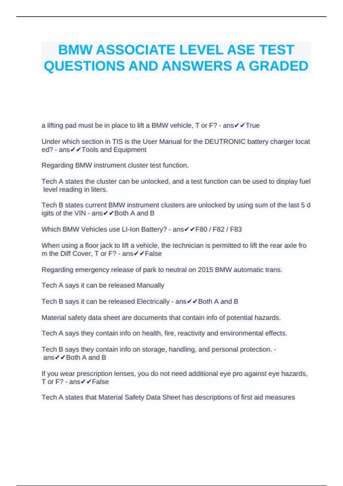 BMW Associate level ASE test 2024 Questions With Correct Answers ...