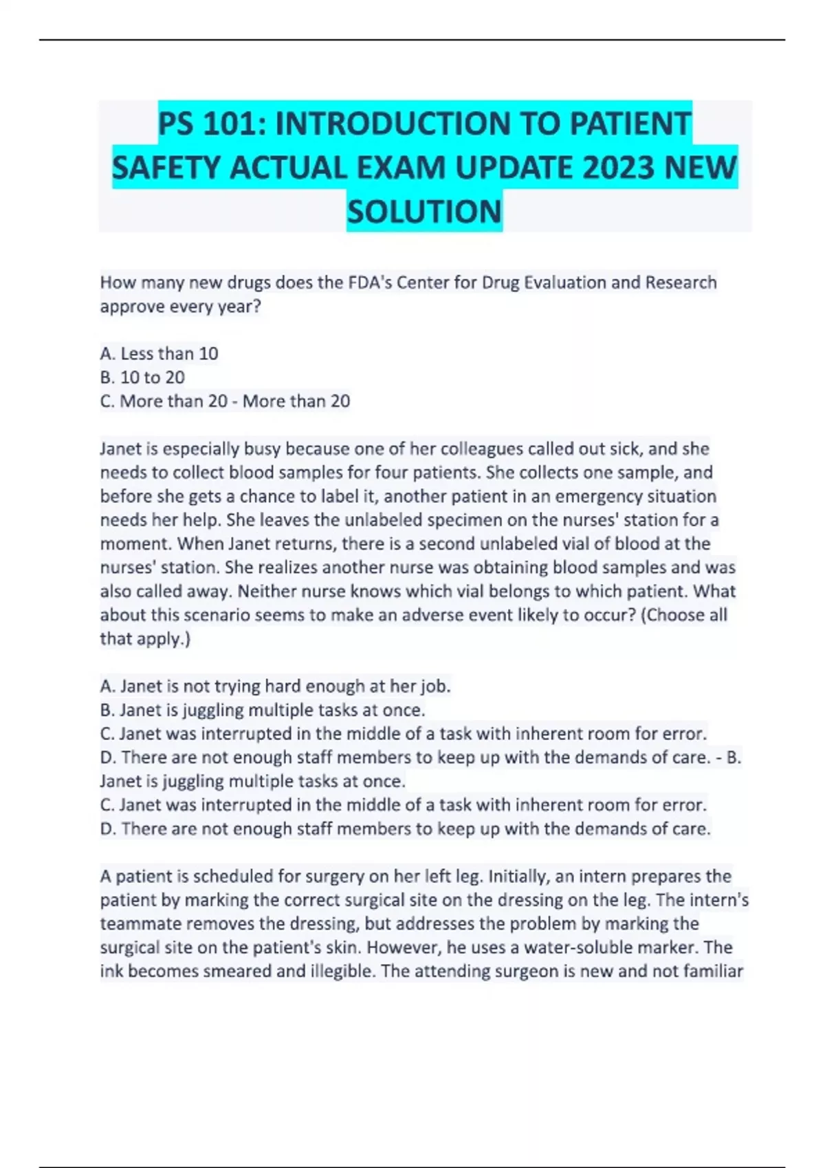 PS 101- INTRODUCTION TO PATIENT SAFETY ACTUAL EXAM UPDATE Questions ...