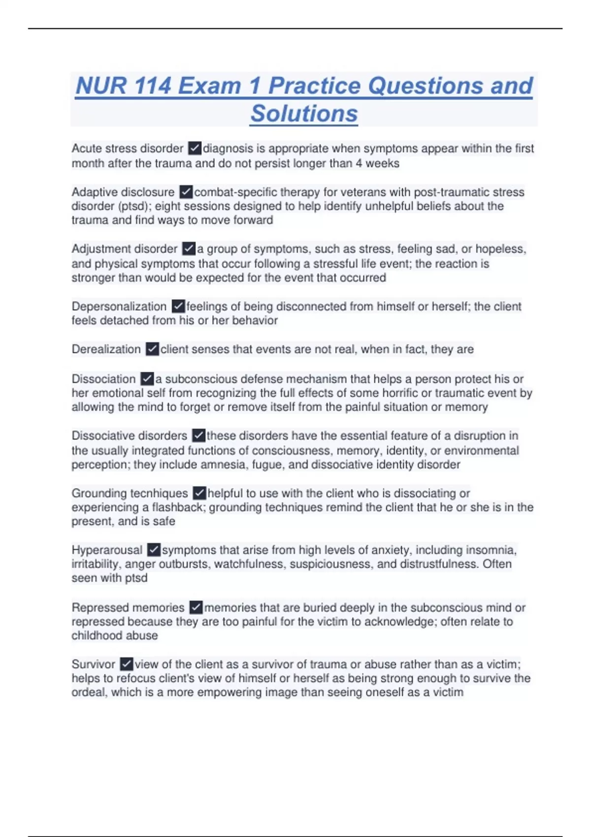 NUR 114 Exam 1 Practice Questions and Solutions - NUR 114 - Stuvia US