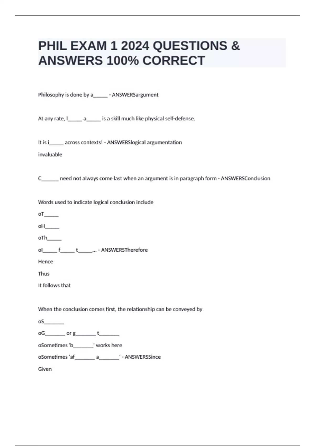 PHIL EXAM 1 2024 QUESTIONS & ANSWERS 100% CORRECT - PHIL - Stuvia US