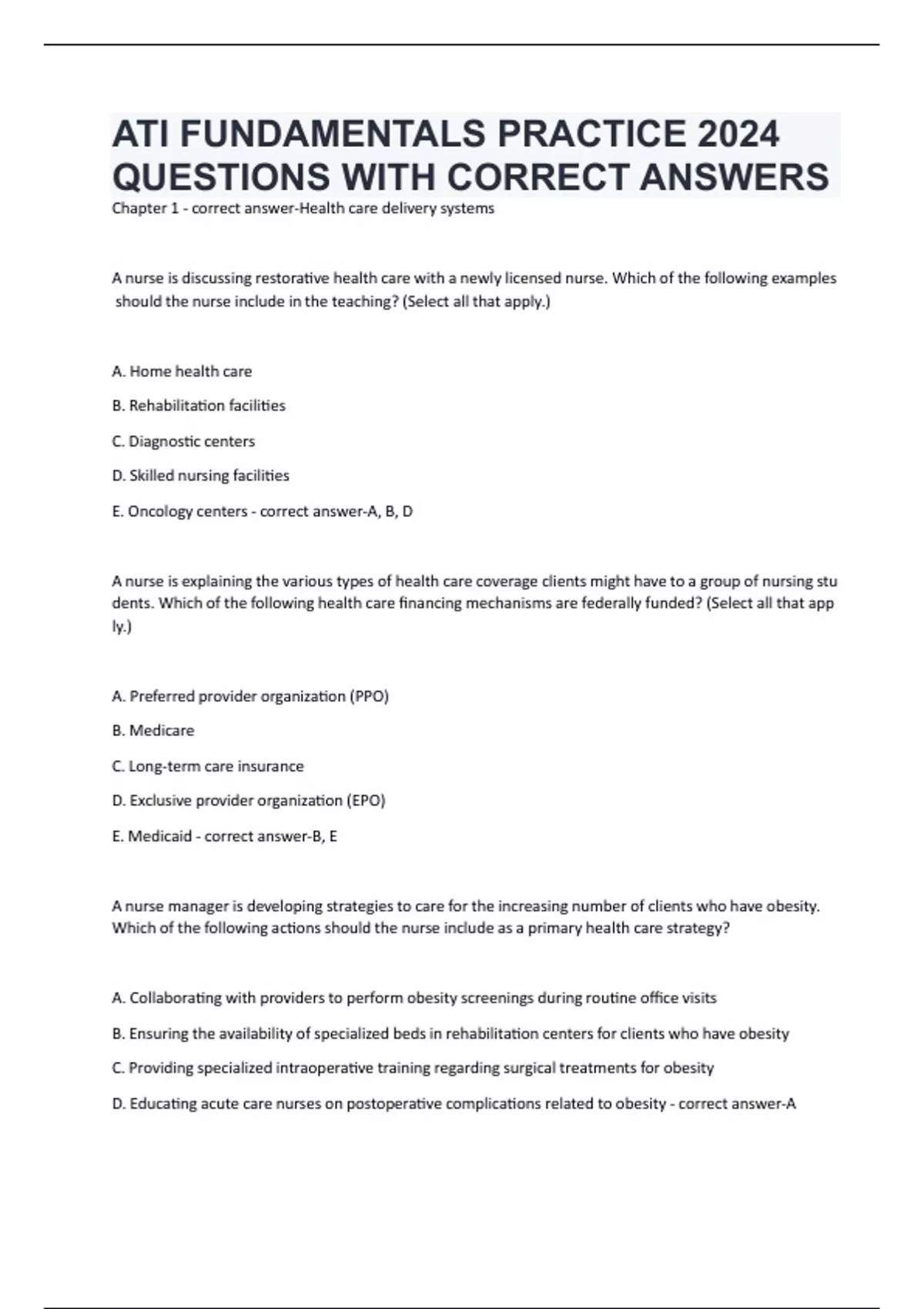 ATI FUNDAMENTALS PRACTICE 2024 QUESTIONS WITH CORRECT ANSWERS - ATI ...